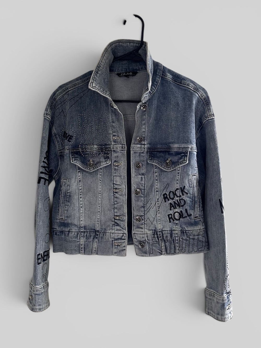 CHARLIE B Indigo Blue Stretch Denim Jacket with Fun Embroidery Accents.